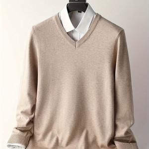 TEMU 신상품 수입 가을/겨울 남성용 단색 브이넥 니트 풀오버 스웨터