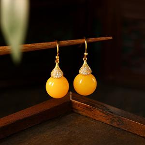 TEMU 1쌍 신제품 중국산 노란색 모조 밀랍 고급 감성 귀걸이, 금도금 공정