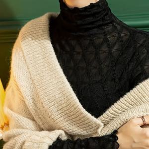 TEMU 여성용 플러스 사이즈 우아한 레이스 하이넥 긴팔 티셔츠 - 스트레치 폴리에스터 혼방, 반투명 기하학 메쉬 패널, 세탁기 사용 가능 - 봄 여름 가을 캐주얼 & 포멀 탑, 신축성 있는 원단