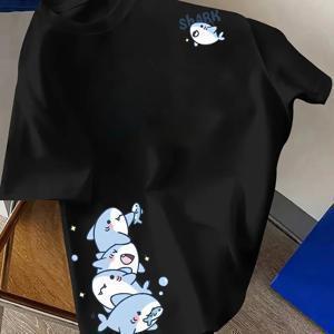 TEMU 남성용 샤크 그래픽 프린트 티셔츠 - 편안한 크루 넥 반팔 티셔츠, 귀여운 만화 디자인, 캐주얼한 가정, 일상 및 야외 활동에 적합, 레저 의류 | 재미있는 디자인 | 그래픽 프린트 셔츠