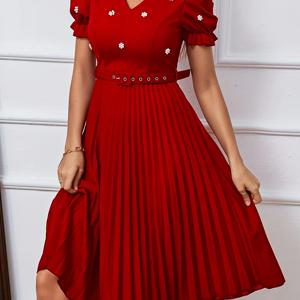 TEMU 우아하고 로맨틱한 A라인 드레스, 3D 플로럴 디자인 및 반팔 소매, 파티, 새해, 크리스마스 축하 행사에 완벽합니다. 벨트와 V넥이 특징입니다.