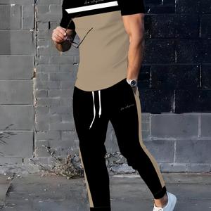 TEMU 남성용 폴리에스터 스포츠웨어 | 우아한 캐주얼 라운드넥 | 약간의 신축성 있는 니트 원단, 3D 프린트 | 레귤러 핏 투피스 세트 | 패턴 반팔 티셔츠 및 긴 바지