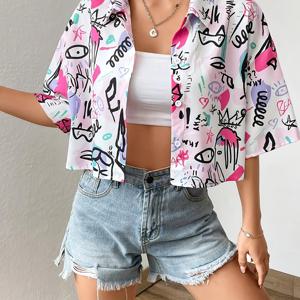TEMU 봄-여름 여성용 프린트 오프숄더 크롭탑 버튼 디테일 셔츠