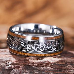 TEMU 316L 스테인리스 스틸으로 제작된 스타일리시한 기어 링 (남녀 공용). 코아 나무 배합 밴드가 특징이며, 광택 돔 디자인으로 약혼 및 결혼식에 적합합니다. 힙합 펑크 록 자전거 테마와도 잘 어울립니다.