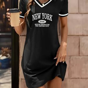 TEMU 2025 신상 유럽&미국 크로스보더 여성용 봄&여름 우아한 블랙 V넥 캐주얼 반팔 프린트 드레스