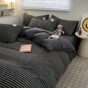 TEMU 4피스 이불 세트 (1*이불 커버 + 1*침대 시트 + 2*베개커버, 이불 코어 제외), 흑백 라인 프린팅 침구 세트, 부드럽고 편안한 사계절용 이불 커버, 침실 및 게스트룸에 적합