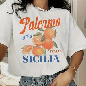 TEMU 여성용 캐주얼 반팔 티셔츠 - 생기 넘치는 오렌지색 과일 프린트 