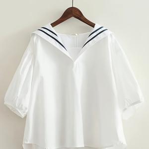 TEMU TD250425102025 여름 신상 대학생 스타일 반팔 셔츠 여성 세일러 칼라 셔츠 루즈핏 벨리 탑