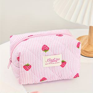 TEMU 핑크 딸기 메이크업 가방, 휴대용이고 넉넉한 공간으로 지갑, 립스틱, 생리대, 동전, 열쇠, 이어폰, 여행용 정리함, 귀걸이, 팔찌, 목걸이, 안경 등을 보관할 수 있습니다.