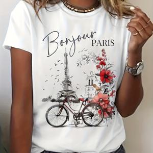 TEMU 여성용 빈티지 보주르 파리 그래픽 티셔츠 - 에펠탑 & 꽃 자전거 프린트, 부드럽고 통기성 좋은 반팔 크루넥 탑, 여성용 캐주얼 여름 티셔츠, 비침 방지 소재, 봄 패션, 레트로 스타일, 편안한 원단, 여행 애호가를 위한
