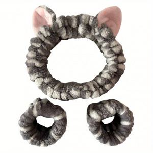 TEMU 귀여운 고양이 귀 머리띠와 손목 밴드 플러시 헤드밴드 세안용 헤어밴드 코스튬 파티 장식용