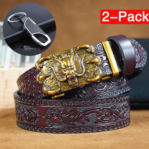TEMU 1개 키체인 & 1개 빈티지 드래곤 클로 자동 버클 남성용 두 번째 레이어 소가죽 벨트 - 정교한 조각 소가죽 디자인과 골드톤 합금 버클, 적갈색 마감, 캐주얼 또는 정장용 레트로 스타일