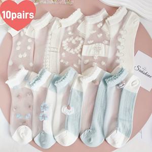 TEMU 5/10켤레 일본 스타일 레이스 얇은 양말, 여성용 글라스 섬유 보트 양말, 여름 플로럴 숏 양말, 귀여운 반투명 스타킹, 숏 양말