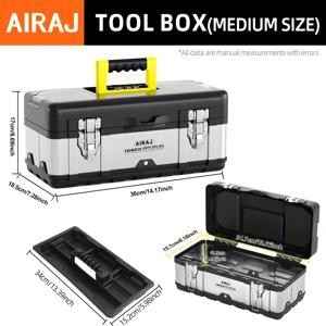 TEMU AIRAJ 14인치/16인치/18인치 스테인리스 스틸 및 플라스틱 휴대용 보관 공구 상자 정리함 (메탈 잠금장치, 다중 칸막이, 투명 뚜껑 및 분리형 트레이 포함)