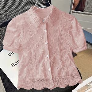 TEMU Yudomi + 디렉셔널 스타일 단색 레이스 스탠드 칼라 할로우 반팔 블라우스 여성용