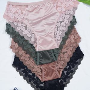 TEMU 여성용 우아한 플로랄 레이스 속옷 4pcs - 로맨틱 새틴 패치워크 미드라이즈 팬티, 솔리드 컬러 비쉬어 팬티, 손세탁 가능 (4pcs) - 결혼/커플을 위한 편안하고 은밀한 디자인