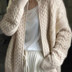 TEMU 여성용 가을 스웨터, 일본 스타일 가을/겨울 패션 활용도 높은 릴랙스 핏 케이블 지퍼 가디건, 여성을 위한 패턴 가디건 스웨터, 여성용 겨울 스웨터 코트