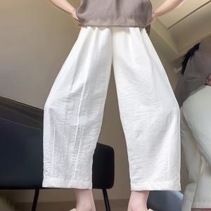 TEMU 크리미 화이트 아이스 파이버 원단 여성용 2025년 여름 신상 스타일 크롭 와이드 레그 쿨 팬츠, 키작은 무형 하렘 팬츠