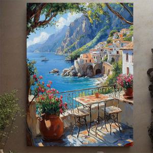 TEMU 1pc 이탈리아 리비에라 카페 캔버스 벽화, 12x16인치, 아말피 해안, 세일링 보트 및 꽃이 피어있는 지중해 해변 장면, 나무 프레임, 해안 유럽 여행 장식, 해안 홈 장식