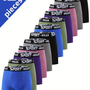 TEMU 12개입 남성용 슬림핏 팬티 - 통기성, 빠른 건조, 고탄력 허리밴드, 헬스장, 러닝, 복싱, 일상 착용에 적합 - 솔리드 컬러 (블랙, 그레이, 퍼플, 그린), 스포츠 스타일 디자인, 스포츠 팬티