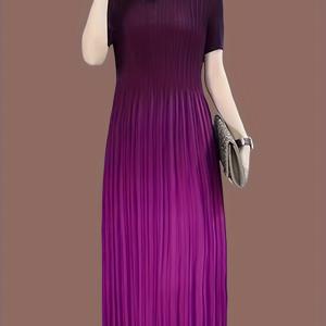 TEMU 플러스 사이즈 중국풍 그라데이션 컬러 주름 원단 원피스, 우아한 허리라인 강조, 2025년 신상 여름 미디 기장 임산부 원피스