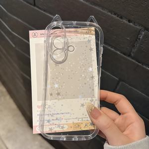 TEMU 심플하고 귀여운 투명 고양이귀 폰케이스 - 화이트 스타 디자인, 애플 아이폰 16 프로 맥스/15 플러스/14/13/12/11 호환, 고투명성, 노란변지 방지 소프트 케이스, 충격방지 풀 커버 렌즈 보호