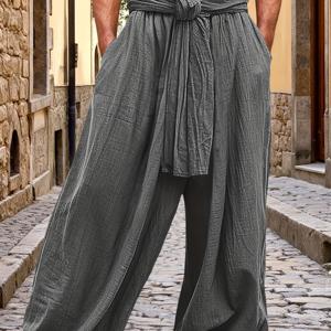 TEMU 남성용 루즈핏 긴 바지 | 편안한 린넨 소재, 단색, 리본 장식, 봄/여름/가을에 적합, 캐주얼 & 해변룩