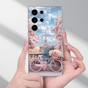 TEMU 핑크 파리 풍경 디자인의 클래식 투명 폰 케이스, 삼성 갤럭시 모델 S25, S24, S23, S22, S21, S20, A52, A53, A54, A55, A34, A33, A32, A25, A24, A23, A14, A13, 울트라 플러스 FE5G 시리즈 호환, 종합적인 보호 기능 제공, 로즈 폰