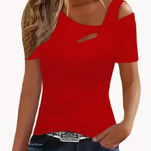 TEMU 단품 여성용 솔리드 컬러 반팔 비대칭 오프숄더 디자인