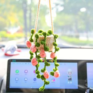 TEMU 차량 거울용 귀여운 코바늘 핑크 꽃 식물, 남녀 모두를 위한 유머러스한 화분 추가, 후방 거울 장식을 위한 수제 니트 꽃 바구니 장식