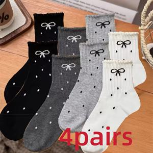 TEMU 여성용 미드 카프 양말 4켤레 - 우아한 물방울 무늬 및 레이스 리본 디자인, 부드러운 쌓을 수 있는 골지 질감, 통기성 좋은 데일리 캐주얼 양말 (블랙, 다크 그레이, 라이트 그레이, 화이트), 귀여운 양말