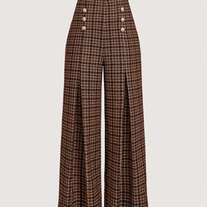 TEMU 우아한 와이드 레그 바지 - 브라운 체크 (베이지/탄) 버튼 허리 & 하운드투스 패턴, 사계절 세탁 가능한 캐주얼 & 포멀 웨어용 바지, 스트럭처드 핏