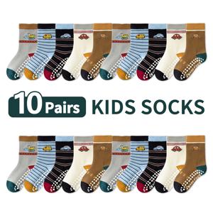 TEMU 만화 줄무늬 자동차 패턴 아동용 바닥 양말 10켤레, 점착식, 남아용, 여아용, 아기용, 일본 스타일 밑창이 부드러운 미끄럼 방지 실내용 중목 양말, 캐주얼 데일리웨어용으로 활용 가능