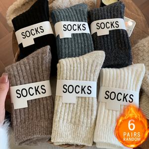 TEMU 가을, 겨울용 랜덤 색상 미드 카프 여성 양말 6켤레, 레트로 단색 및 세로 디자인, 따뜻한 두께