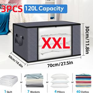TEMU 누수 방지 뚜껑이 있는 초대용량 지퍼 수납백 3개 세트 - 공간 절약형 쌓을 수 있는 디자인, 담요, 이불, 옷, 베개, 장난감 보관용, 여행 필수품, 대용량 수납함, 침대 밑 수납함