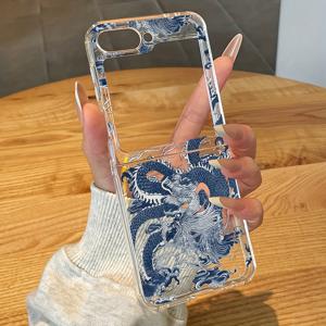 TEMU 휴대폰 케이스 - 블루 앤 화이트 전통용마 디자인의 투명 휴대폰 케이스. 삼성 갤럭시 Z 플립 모델 3부터 7까지 호환되며, 충격 방지 및 낙하 방지 기능 제공. 삼성 Z 폴드 모델 3 T용 소프트 커버로도 사용 가능.