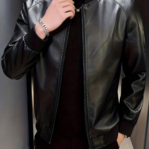 TEMU 남성 슬림핏 블랙 재킷 (스탠드 칼라) - 가벼운 스타일 지퍼업 코트, 안감, 캐주얼 및 포멀 웨어를 위한 다용도 봄/가을 겉옷, 봄 겉옷, 세련된 디자인, 튼튼한 원단