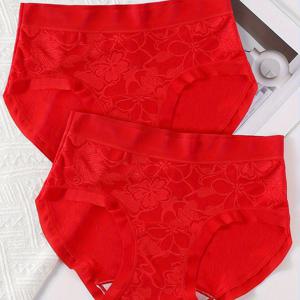 TEMU 여성용 새해 레드 컬러 팬티 2개입, 편안하고 통기성 좋은 크리스마스 팬티, 여성 란제리 & 속옷