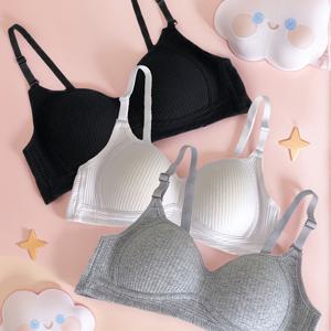 TEMU 3개입 언더와이어 브라 - 조절 가능한 스트랩리스/탈착 불가 패드, 편안한 지지력 솔리드 컬러 레귤러 핏, 9-16세 사계절용 브라, 지지력 있는 속옷 리브드 텍스처, 청소년용