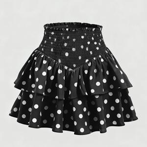 TEMU 우아한 여성용 물방울 무늬 프린트 러플 허리 이중 레이어 케이크 스커트 (크리스마스, 발렌타인데이, 파티 데이트용)