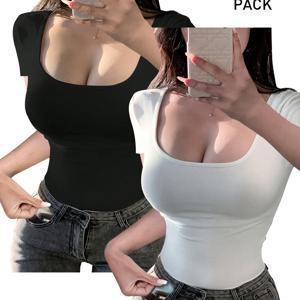 TEMU 여성용 U넥 반팔 티셔츠 2pcs, 여름 신상 솔리드 컬러 캐주얼 슬림핏 크롭탑