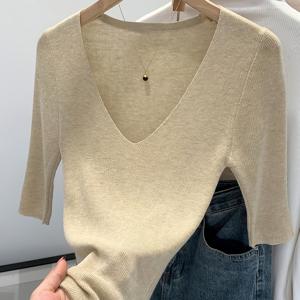 TEMU 가을 겨울 베이스 레이어 여름 시원한 여성용 풀오버 슬림핏 편안한 피부 친화적 반팔 스트레치 V넥 베이스 레이어 셔츠 캐주얼 우아한 다용도 청춘 출퇴근용 니안년