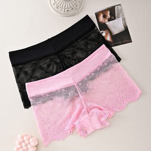 TEMU 여성용 하이웨이스트 세트 2종: 여성 솔리드 컬러 블랙 & 핑크 소프트 레이스 스플라이스 투명 편안한 섹시 미드-하이 웨이스트 힙하그잉 반바지