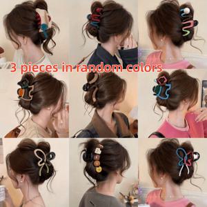 TEMU 3개 세트 대형 패셔너블 웨이비 투톤 헤어 클립, 랜덤 색상, 사계절용. 여성용 업스타일을 위한 고품질 샤크 클립, 다양한 헤어스타일에 이상적. 투톤 폴카 도트, 별, 단추, 리본, 두꺼운 머리카락을 위한 클로 클립 포함. 일상 외출용으로 활용도 높으며, 모든 계절에 적합.