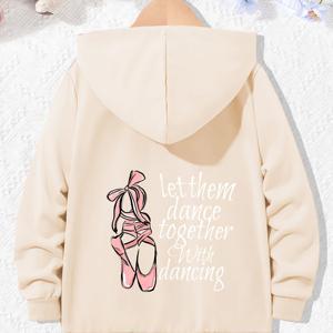 TEMU 여아용 긴팔 후드티 (지퍼 디자인), 발레화 프린트 및 영어 글자 장식, 상쾌하고 젊음의 스타일에 완벽. 편안하고 피부 친화적인 이 재킷은 봄/여름철 학교 활동 및 캐주얼 외출에 적합합니다.