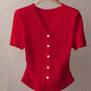 TEMU 우아하고 스타일리시한 신상 봄/여름 여성용 단색 브이넥 싱글 브레스티드 프렌치 스타일 기품 있는 허리 슬림핏 체형 보정 활용도 높은 반팔 티셔츠 ASD1