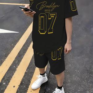 TEMU 청소년 패션 쇼츠 세트, 스타일리시 캐주얼 숫자와 글자 패턴, 봄 가을 여름 반팔 티셔츠와 루즈 쇼츠 2피스 세트, 남아용 패션 아웃도어 레저 세트, 야외 활동에 완벽, 청소년용