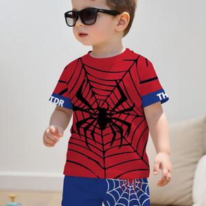 TEMU 2개 세트 여름 신상 남아용 캐주얼 스포츠 패션 티셔츠와 반바지 세트, 빨간색 바탕에 검은 거미 프린트, 야외 활동에 완벽