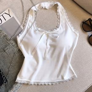 TEMU 여성용 레이스 보우 홀터넥 탑 - 내장형 패드 컵, 노백 슬리브리스 블라우스 셔츠, 슬림핏 숏 레이어링 아우터웨어, 기계 세탁 가능한 솔리드 컬러, 비치웨어, 파티 & 일상복용