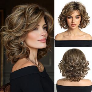 TEMU 12인치 골든 브라운 장미망 조절 가능한 짧은 곱슬 가발 캡 (앞머리 포함), 우아하고 다용도로 사용 가능 - 직장, 데이트, 파티, 크리스마스 등에 적합. 조절 가능한 스트랩 포함. 다양한 축제와 모임을 위한 필수 가발